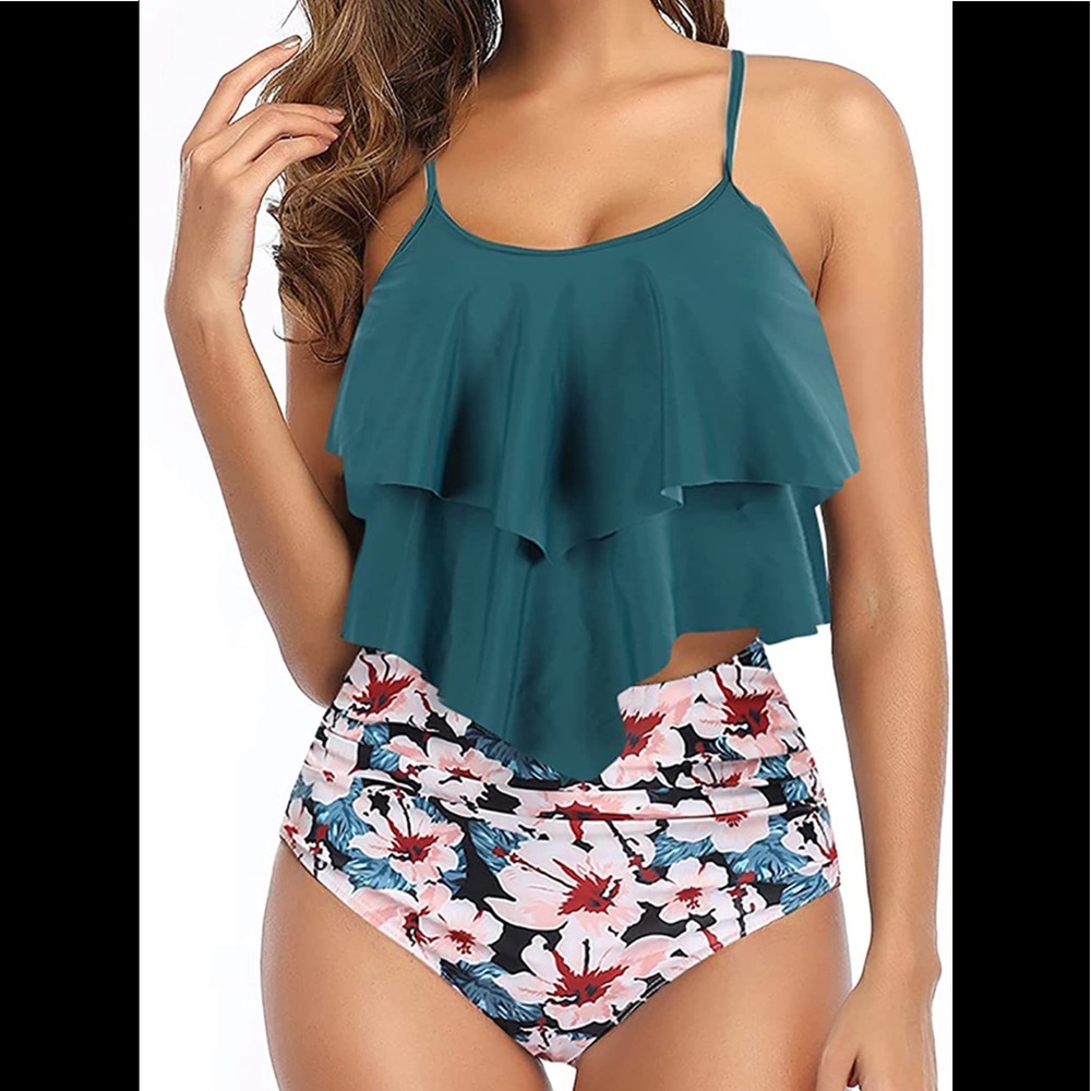 Ruffle top tankini NWT high waist floral bottoms